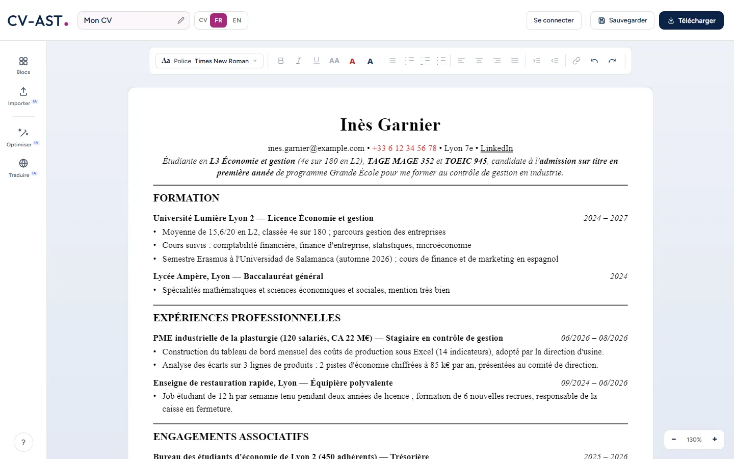 L'éditeur CV-AST : le CV d'une étudiante de L3 candidate en admission sur titre se modifie directement sur la feuille